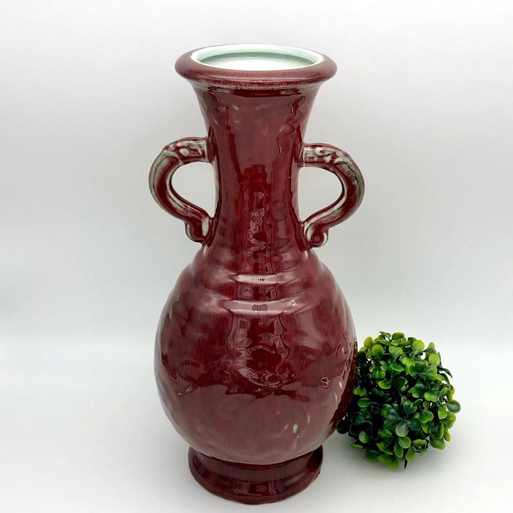 Chinese Oxblood Celadon Flambé Vase 12” Double Dragon Ear China Vintage